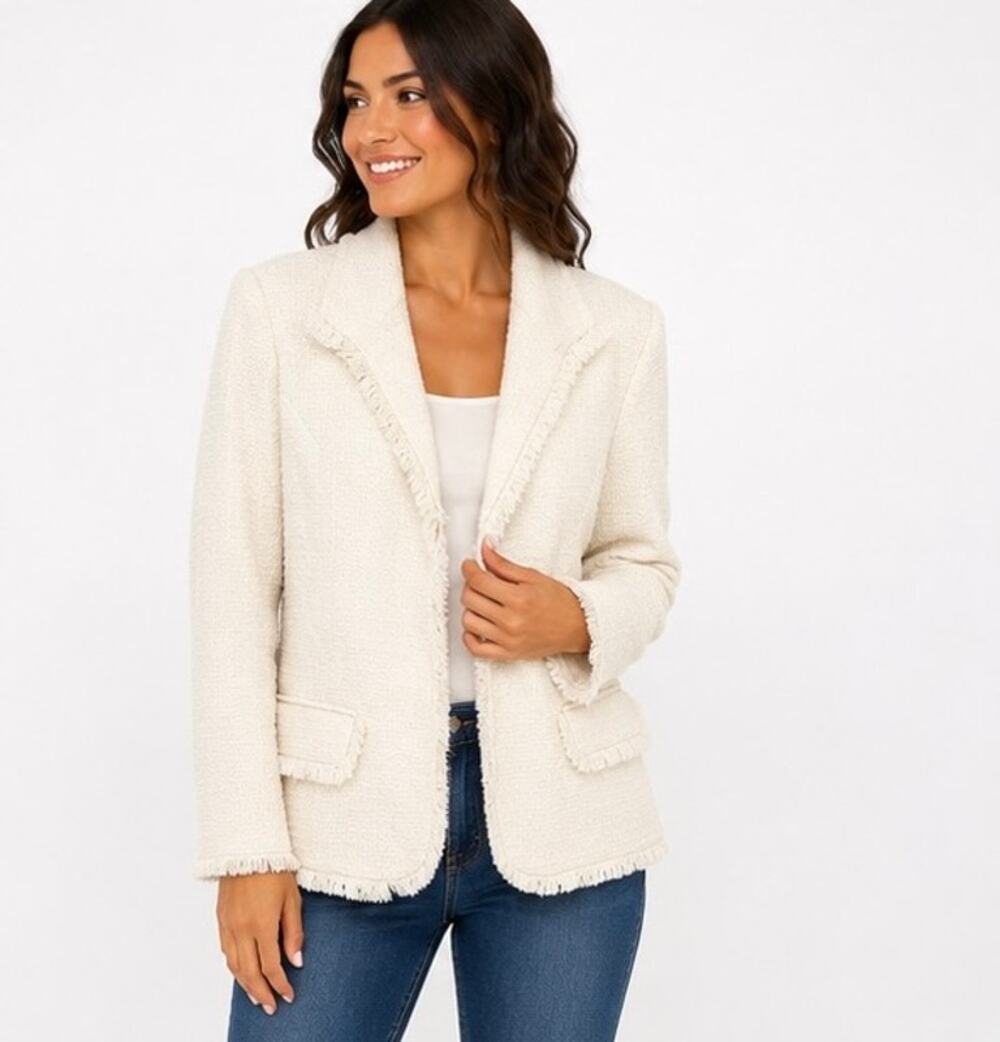 Sag Harbor Women's Ivory‎ Textured Fringe Blazer Jacket Size 16